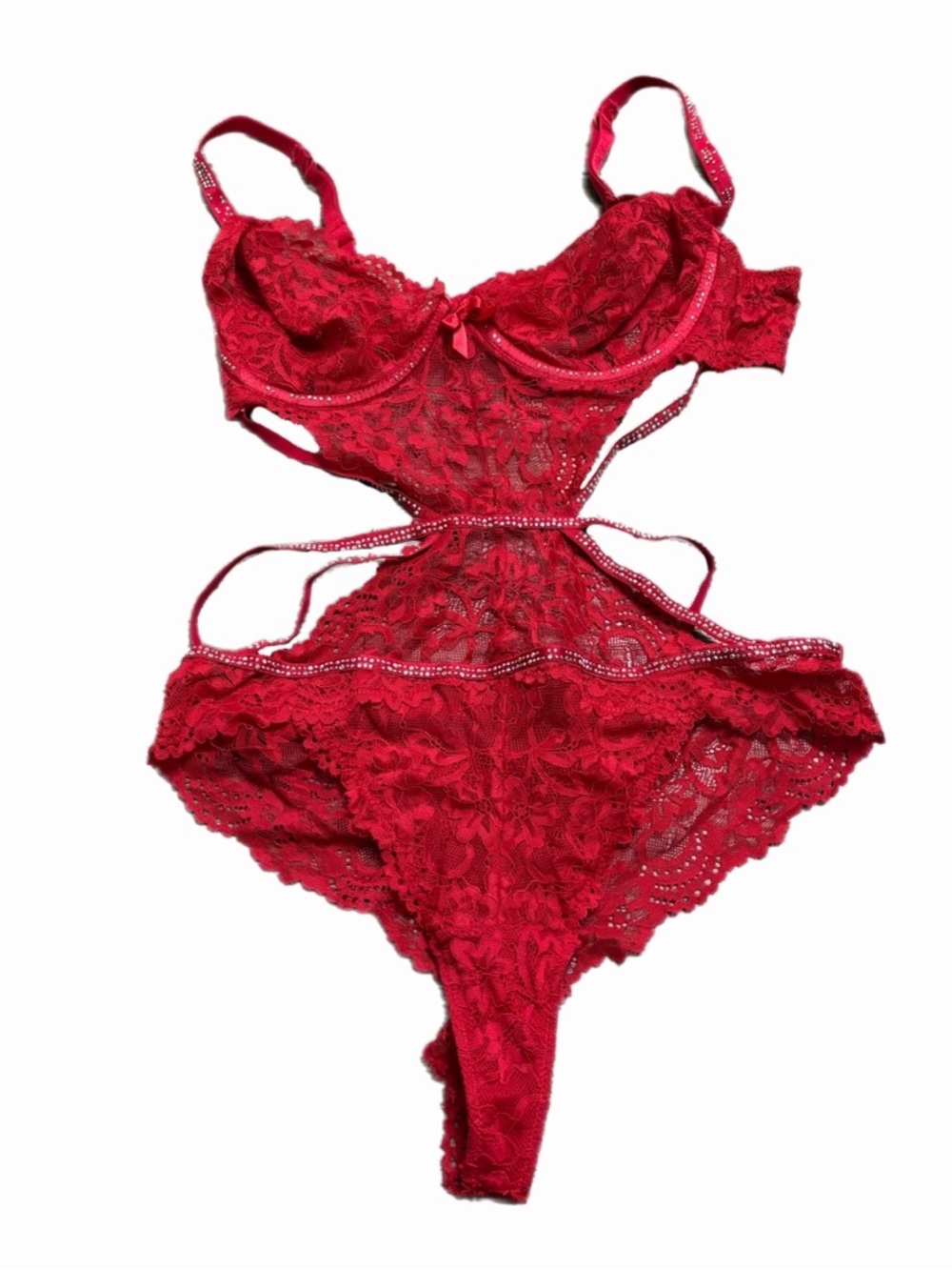 90s/Y2K European Vintage Floral Lace Strappy Rhinestone Bodysuit (Red) Size S/M